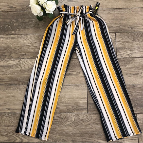 NEW MIX navy, white, and yellow striped trousers size small - Picture 1 of 6